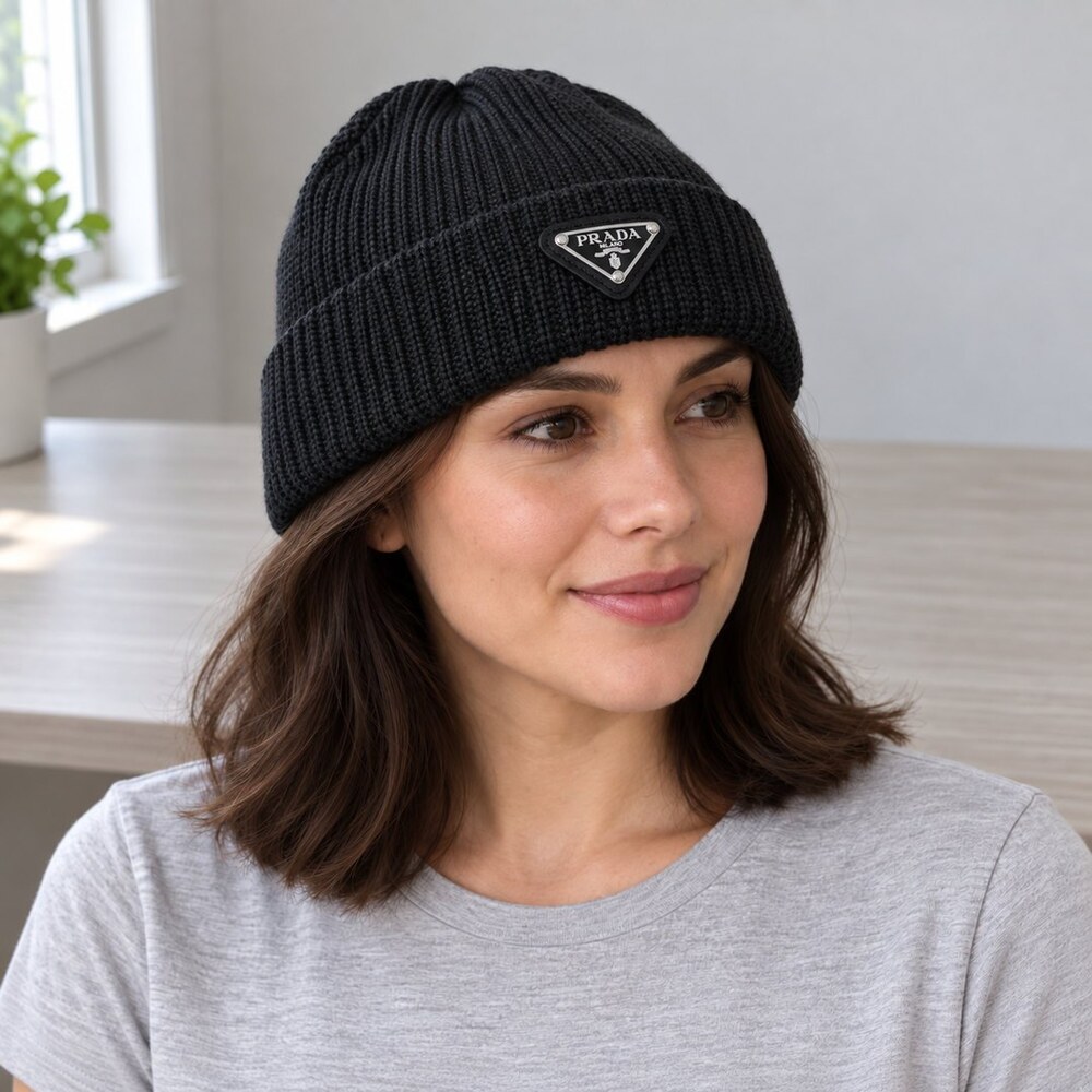 Prada Black Ribbed Triangle Logo Beanie - Picture 2 of 6